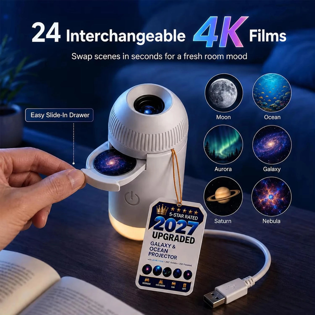 USB Galaxy Projector Night Light – 360° Adjustable Atmosphere