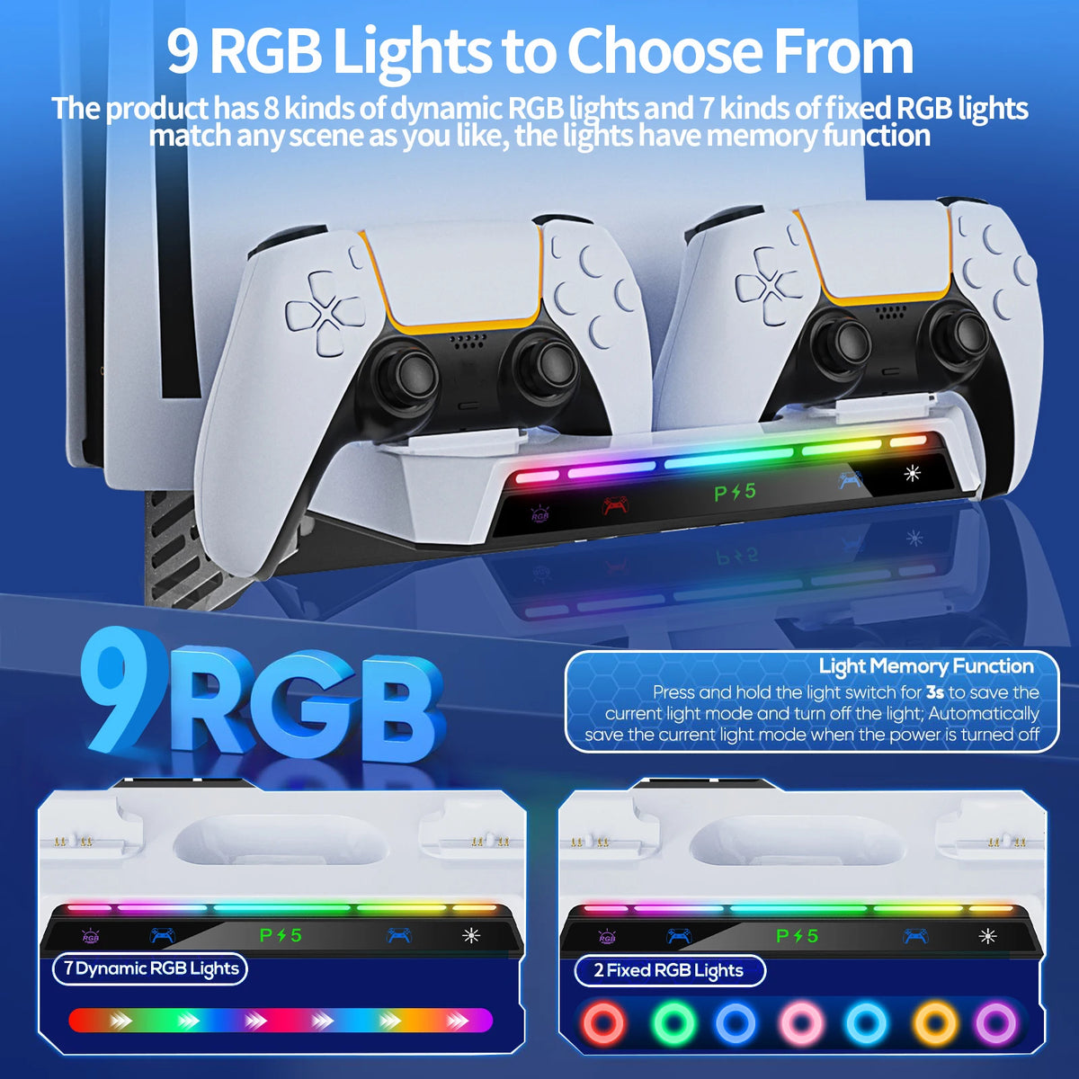 Wall Mount Stand for PS5 with Dual Charger & RGB Lights