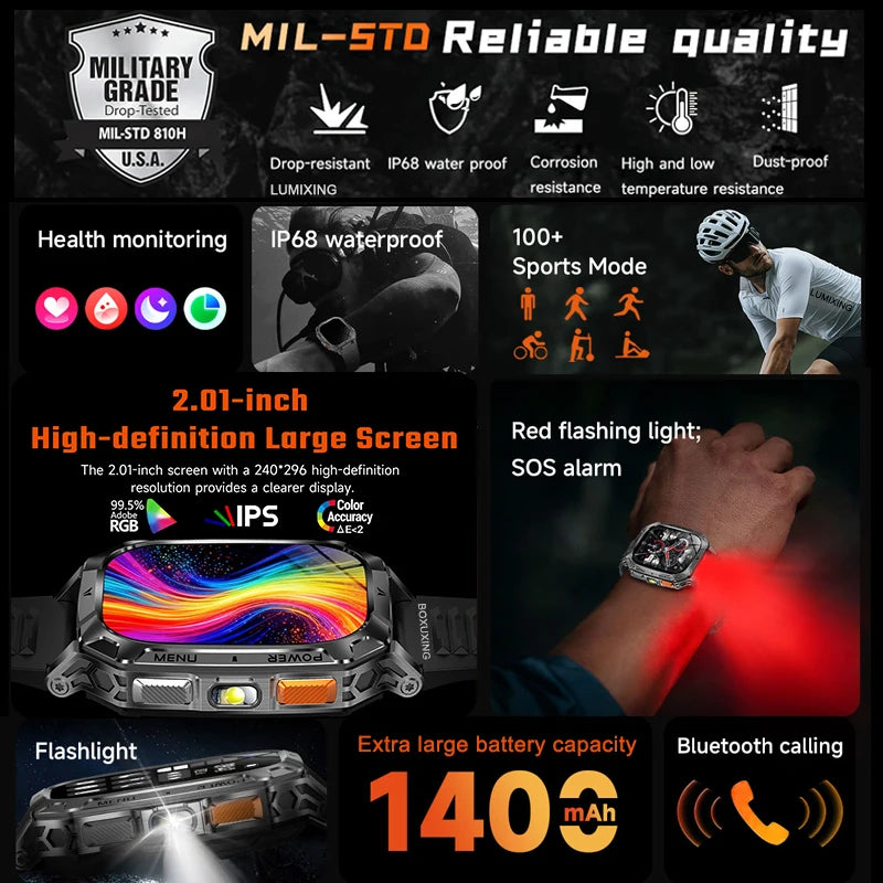 Military Outdoor Smartwatch 1400mAh – IP68, Flashlight, Calls