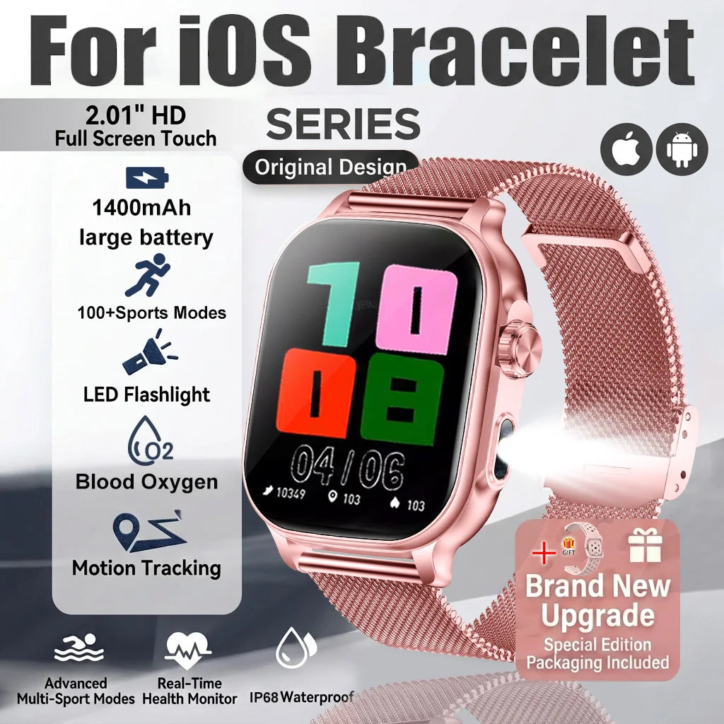 Pink Mesh Belt Color Rugged AMOLED Smart Watch With GPS, Flashlight & Calls