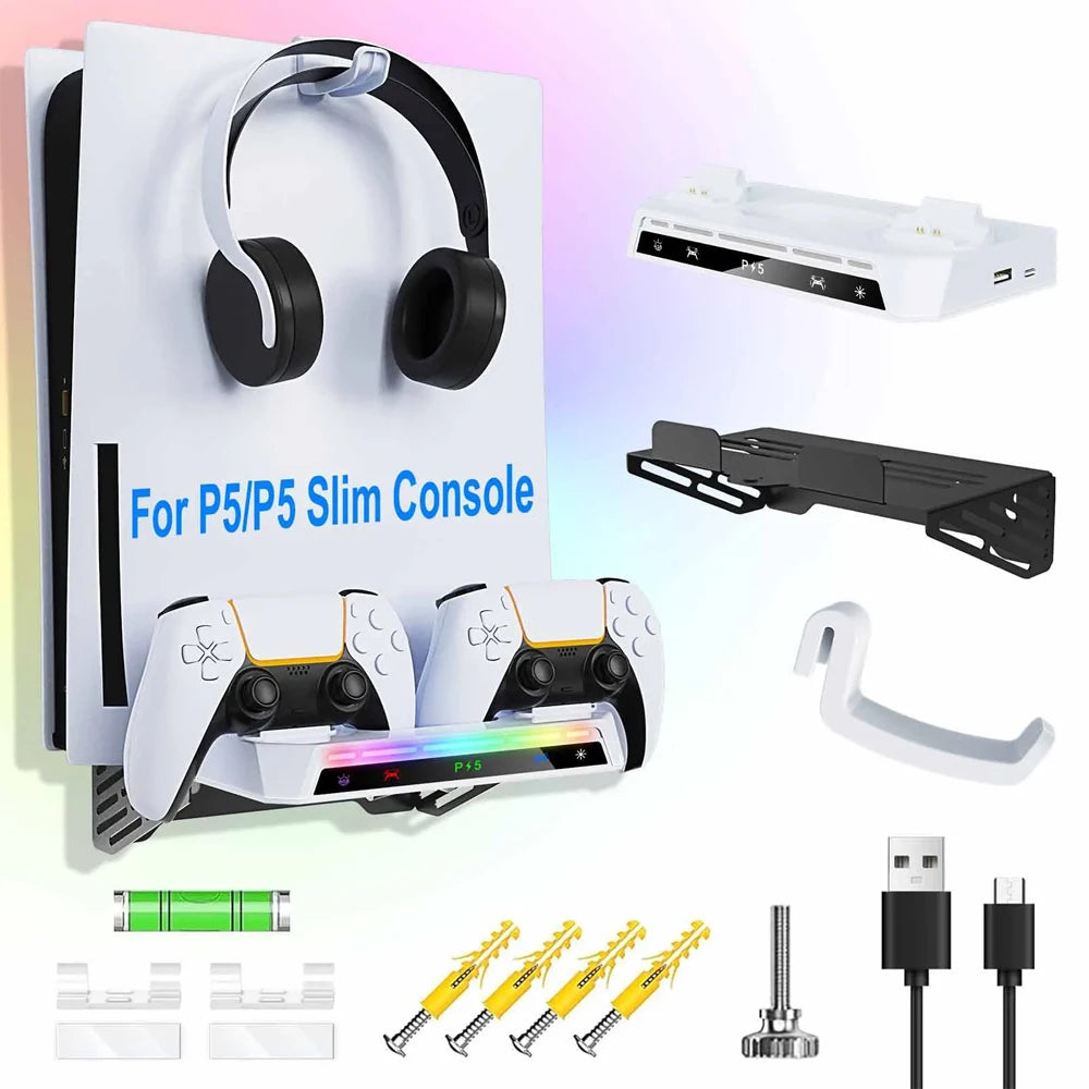 Wall Mount Stand for PS5 with Dual Charger & RGB Lights