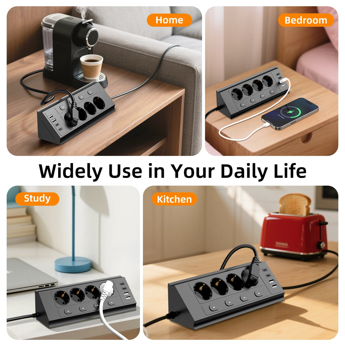 EU Corner Power Strip With Switches & 4 USB Ports