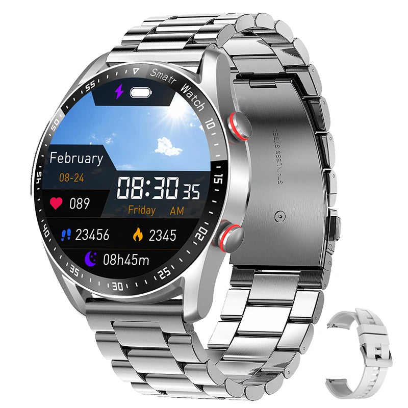 steel strip silver Color Men’s Bluetooth Calling Smartwatch With Heart Rate