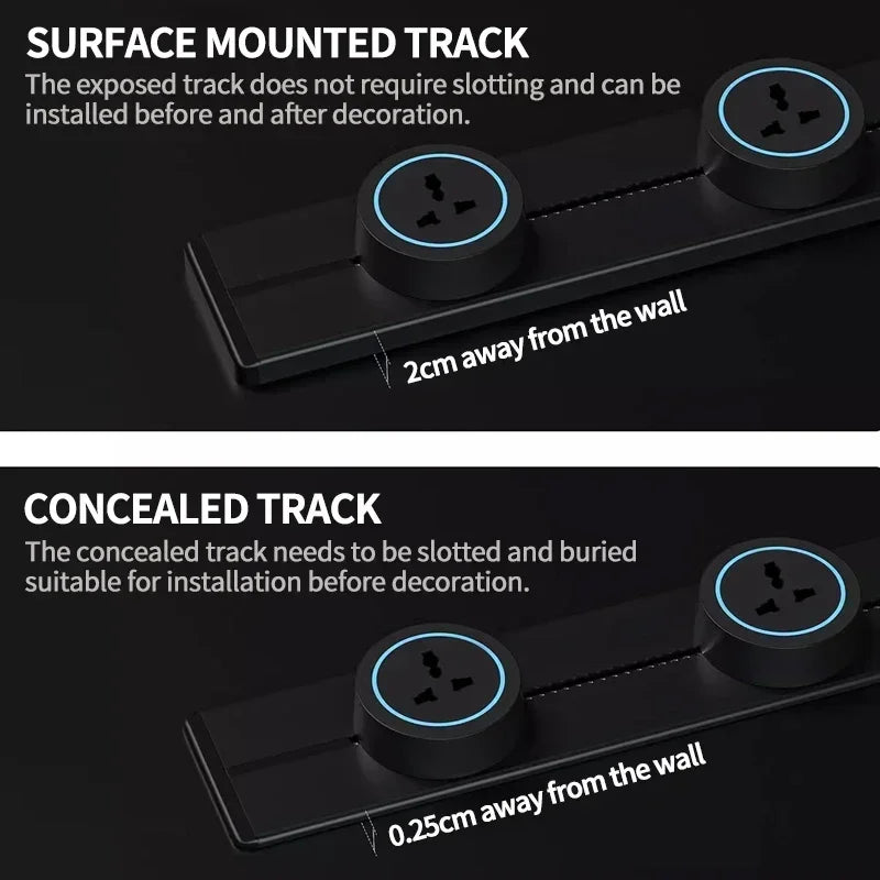 Wall-Mounted Track Power Rail with Movable Sockets
