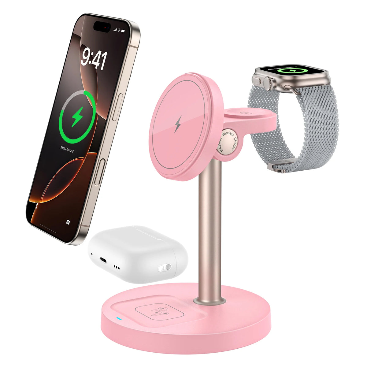 pink Color 3-in-1 Magnetic Wireless Charging Stand For Apple Devices