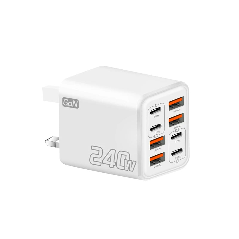 UK White Plug Type GaN Multi-Port USB & Type-C Charger – 8-Port Fast Charge