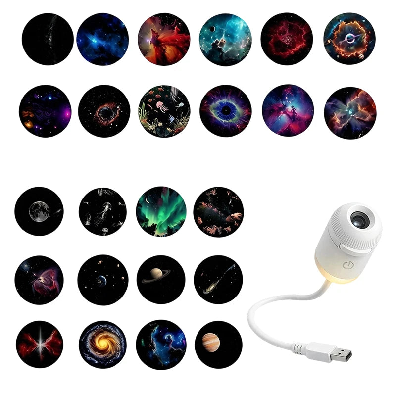 24 Slides Emitting Color Mini Galaxy Star Projector Night Light – 2-in-1 Design