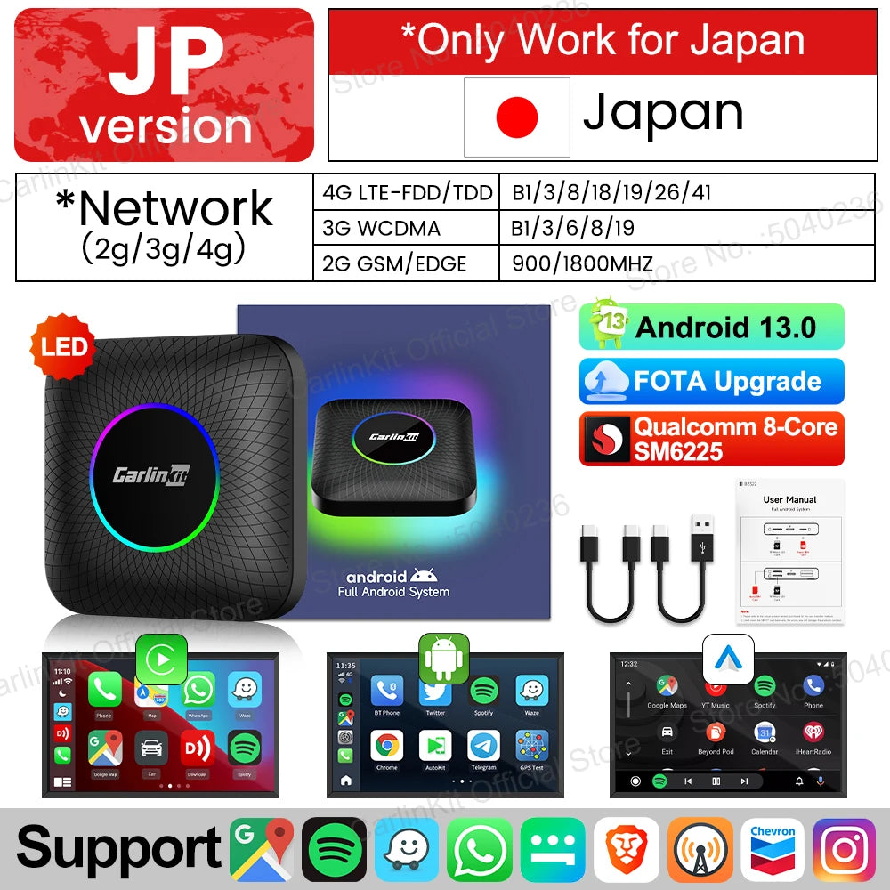 JP SM6225 LED Color Android 13 CarPlay AI Box Adapter – 8-Core, Dual-Band WiFi