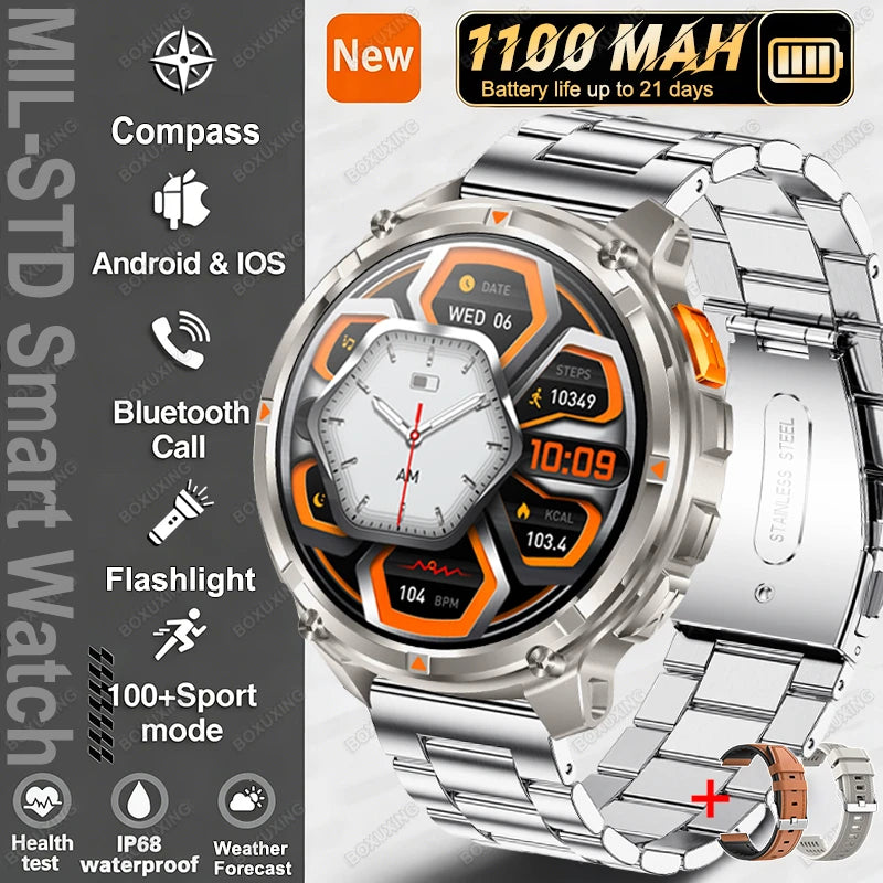 Silver Steel Color Outdoor Smart Watch with GPS – 21-Day Battery & Calls