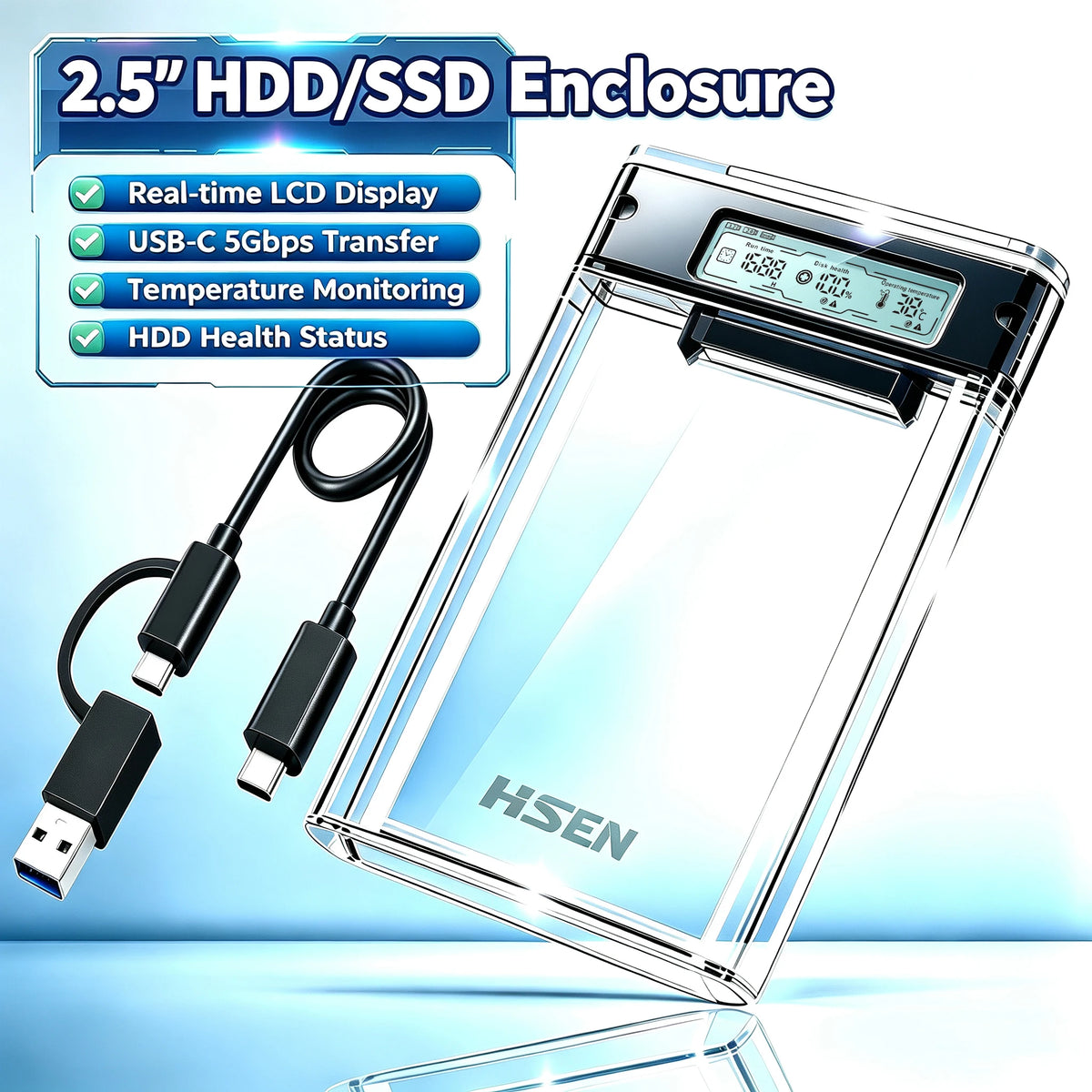 USB 3.0 2.5" HDD/SSD Enclosure Transparent SATA Hard Drive Case with Smart Display Real-Time Hard Disk Health Monitoring