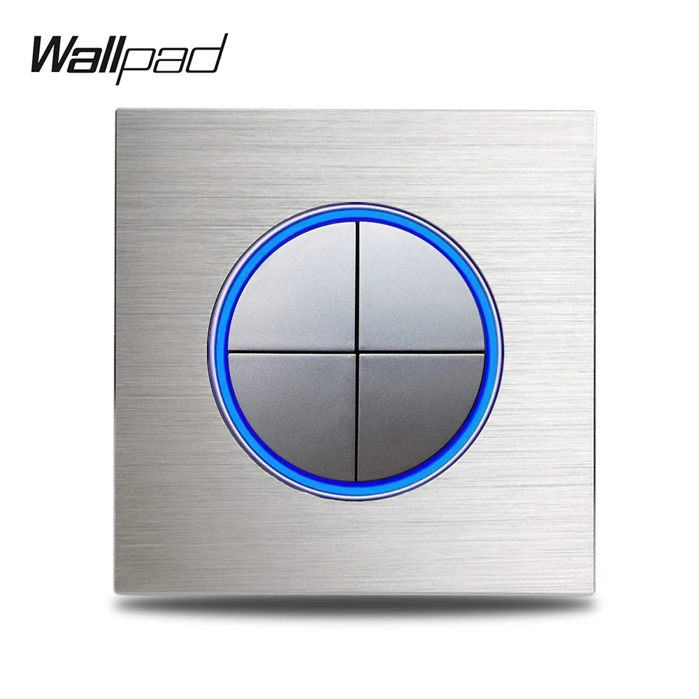 Silver 4 Gang Color Aluminum Wall Light Switch With Round LED Push Button