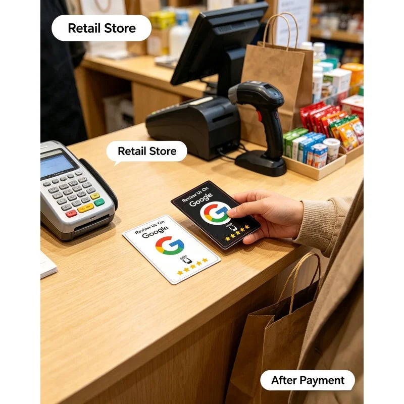 Black NFC Review Tap Cards – Matte NTAG215, Reusable