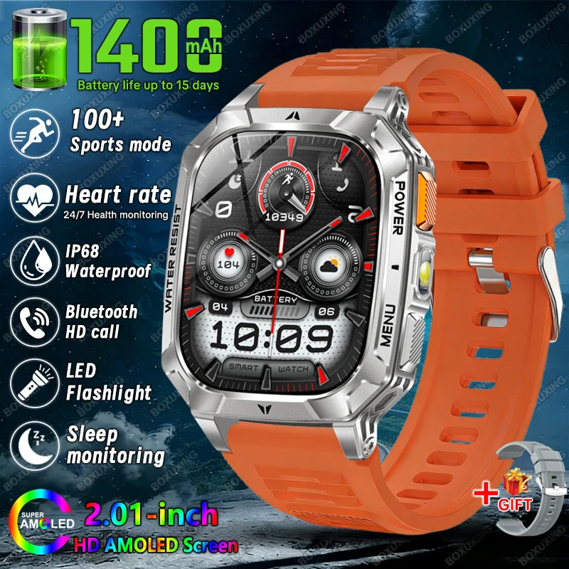 Orange Color 1 Color Military Outdoor Smartwatch 1400mAh – IP68, Flashlight, Calls