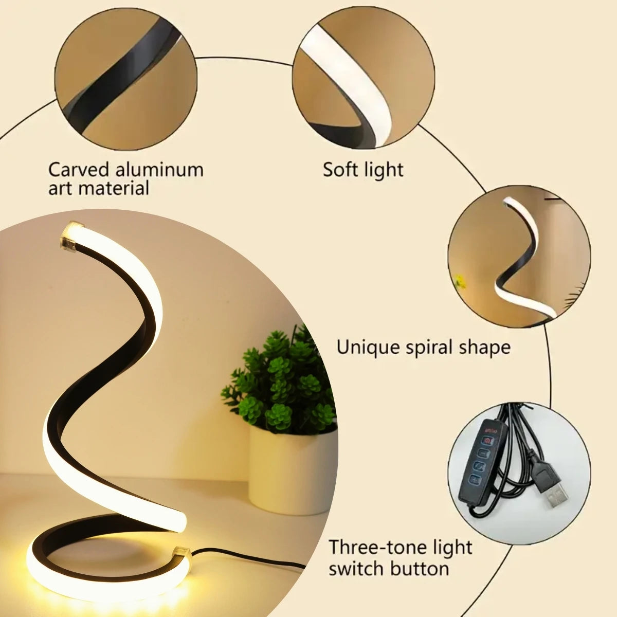 LED Spiral Desk Lamp With 3-Color Dimming USB Power