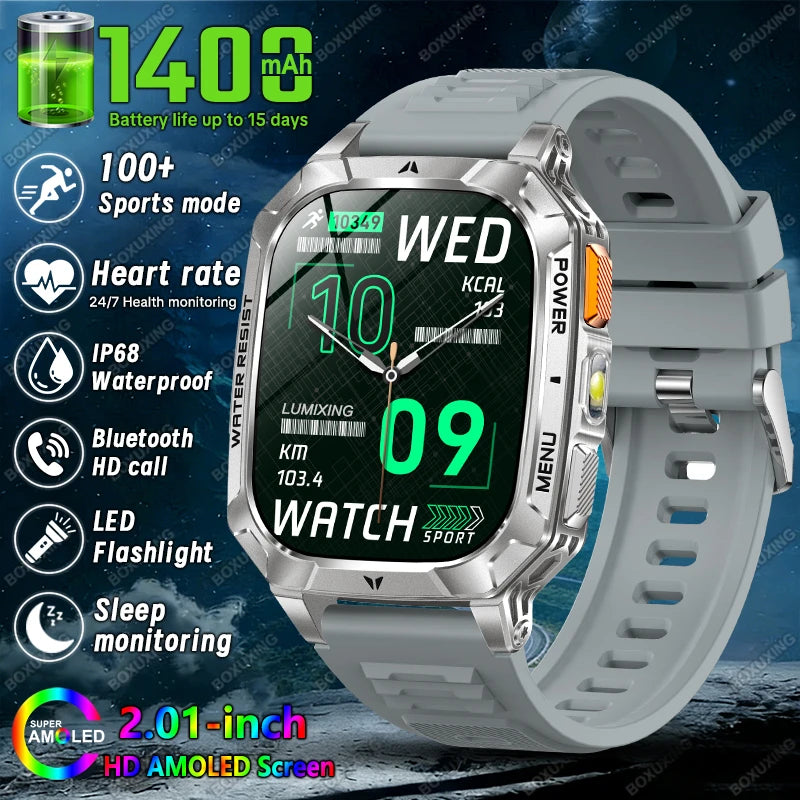 Grey Color Military Outdoor Smartwatch 1400mAh – IP68, Flashlight, Calls