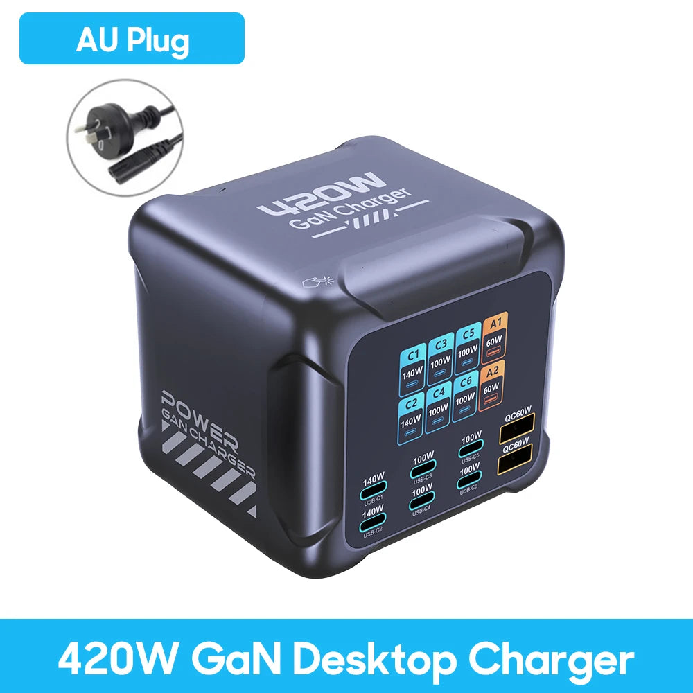 AU Plug Plug Type 420W GaN Desktop Charger With 6 USB-C & 2 USB-A Ports