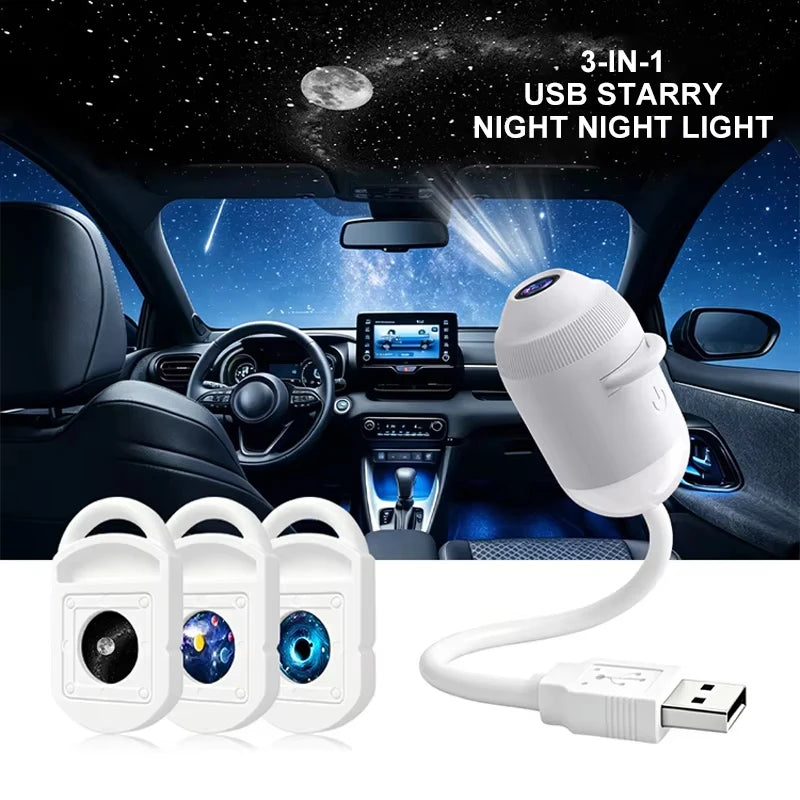 3Pcs Film Emitting Color USB Galaxy Projector Night Light – 360° Adjustable Atmosphere