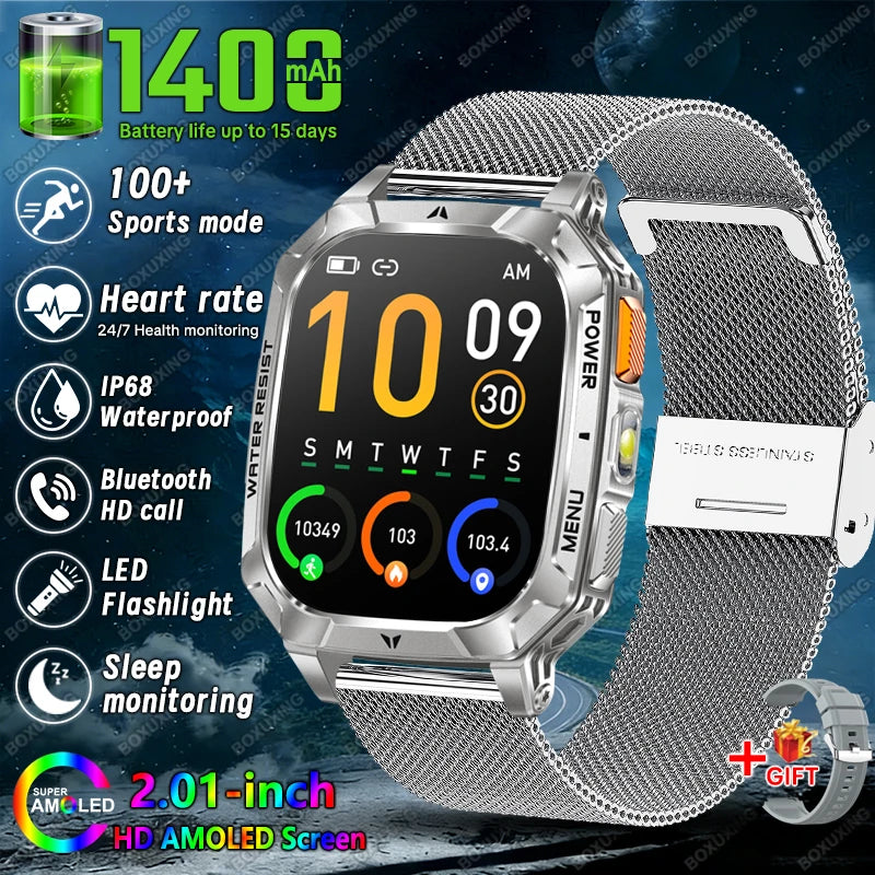 Silver Mesh Belt Color Military Outdoor Smartwatch 1400mAh – IP68, Flashlight, Calls