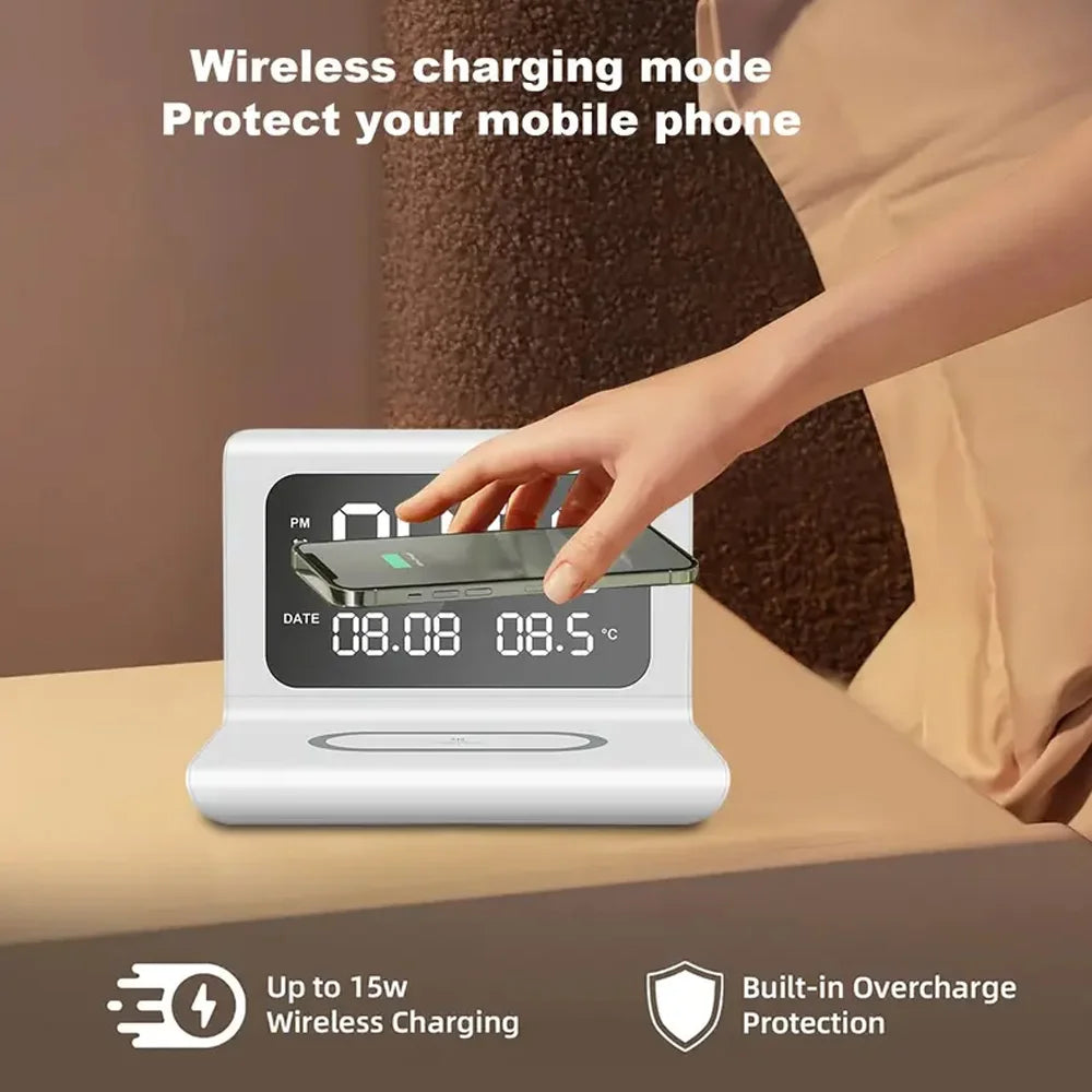 30W Wireless Charging Alarm Clock with LED Temperature Display