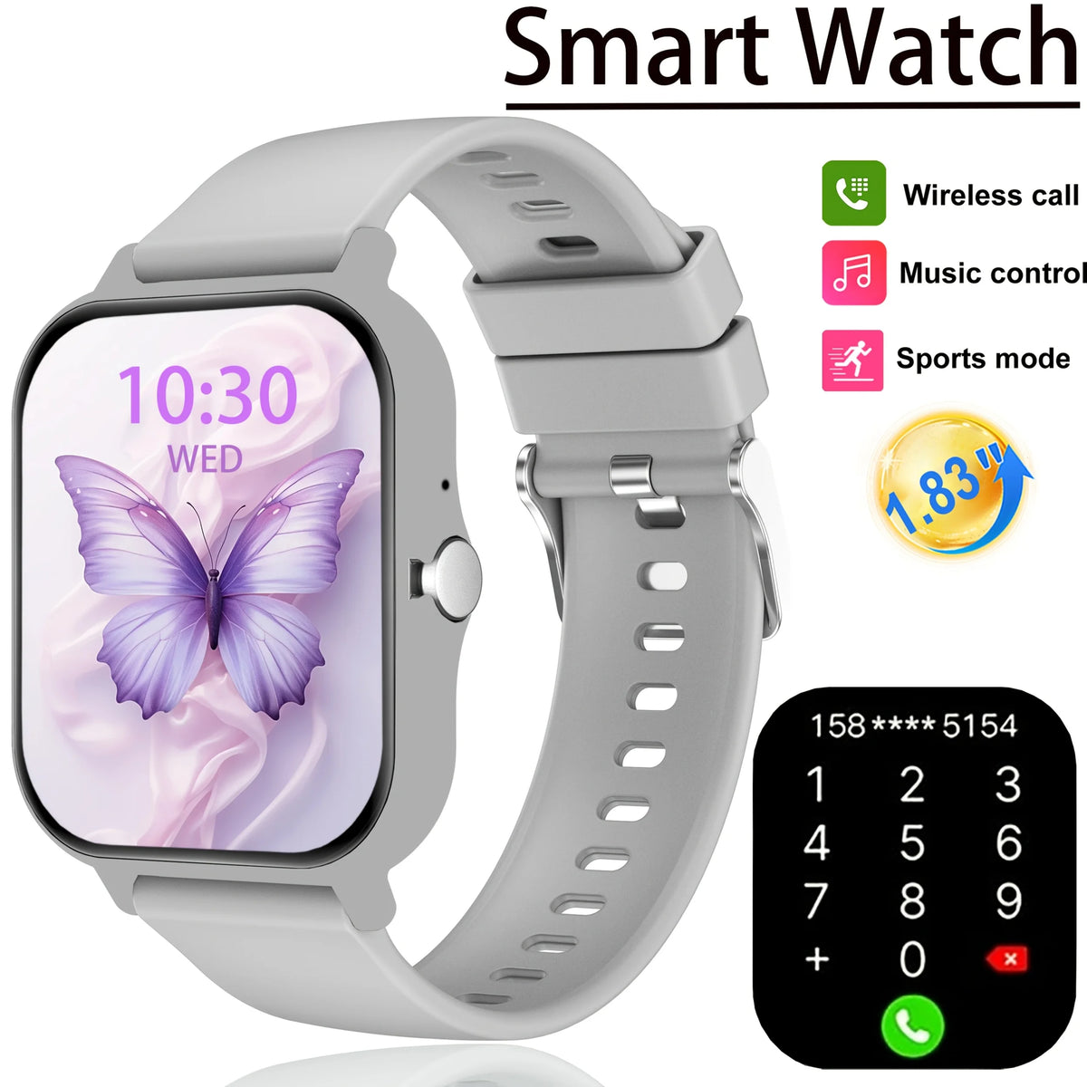 Silver Color 1.83" Full Touch Smartwatch With Call & Sleep Tracking