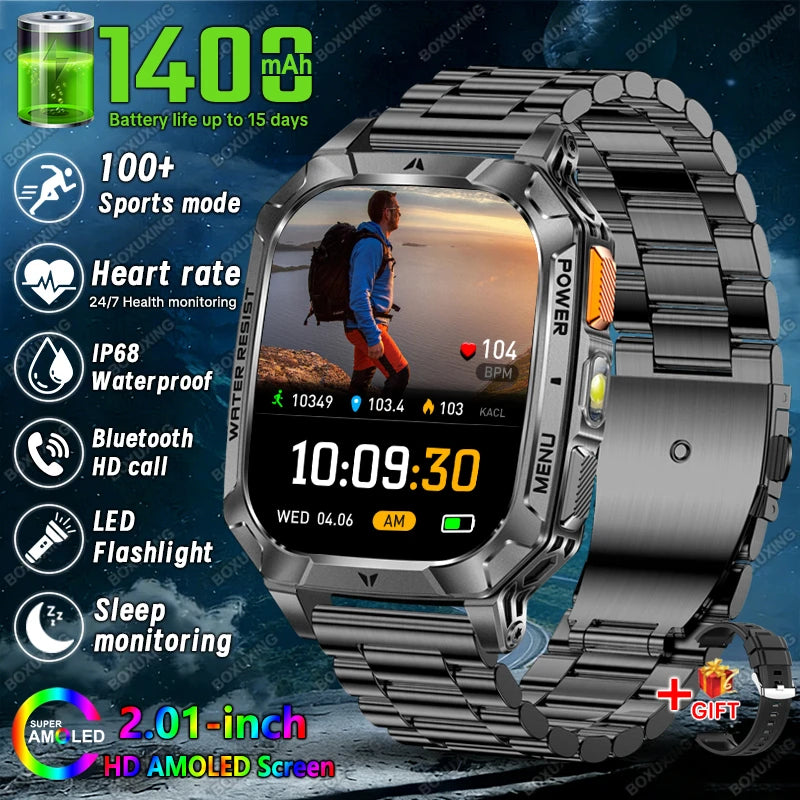 Black Steel Belt Color Military Outdoor Smartwatch 1400mAh – IP68, Flashlight, Calls
