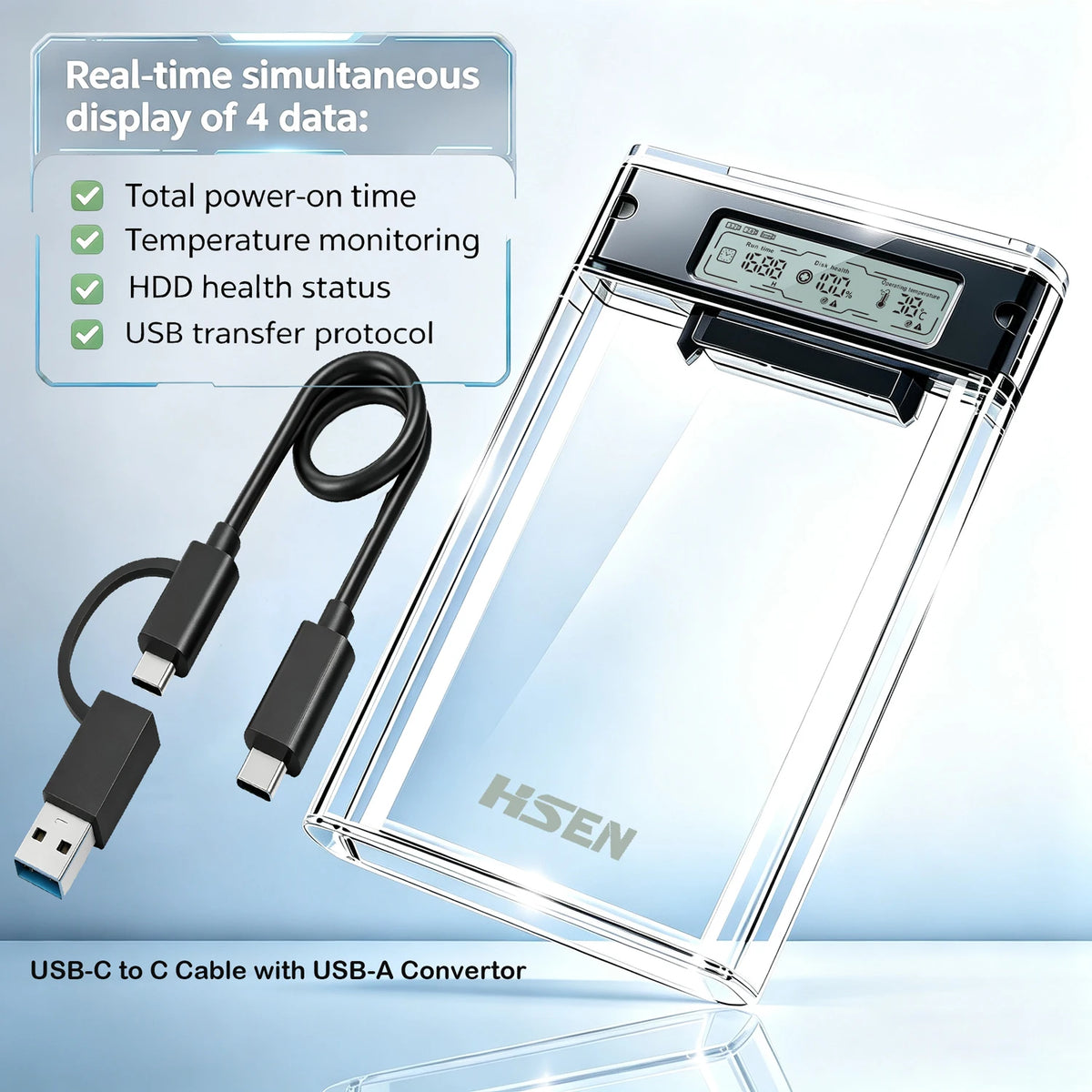 USB 3.0 2.5" HDD/SSD Enclosure Transparent SATA Hard Drive Case with Smart Display Real-Time Hard Disk Health Monitoring
