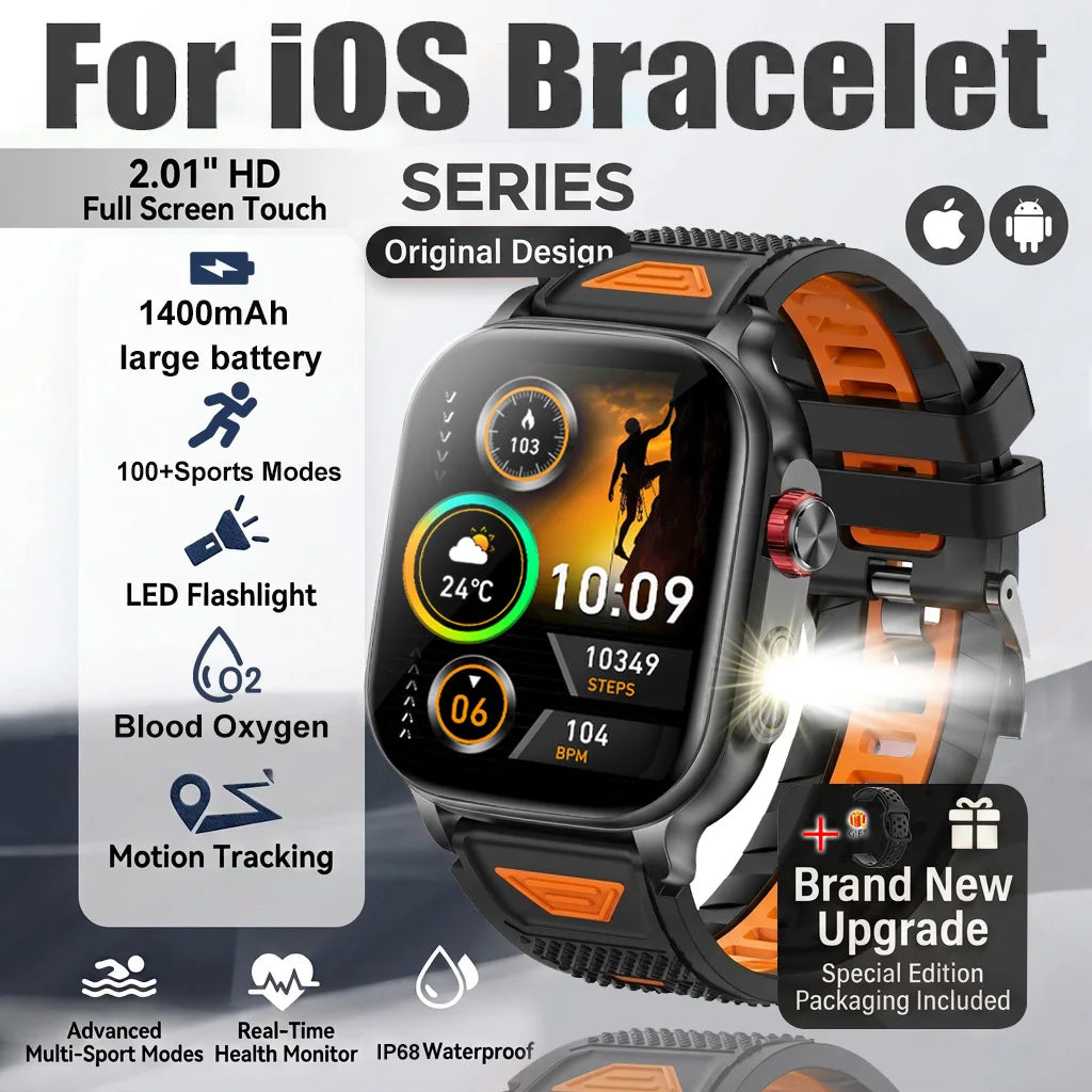 Black Orange Color Rugged AMOLED Smart Watch With GPS, Flashlight & Calls