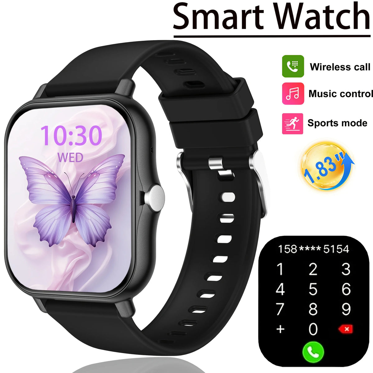 Black Color 1.83" Full Touch Smartwatch With Call & Sleep Tracking