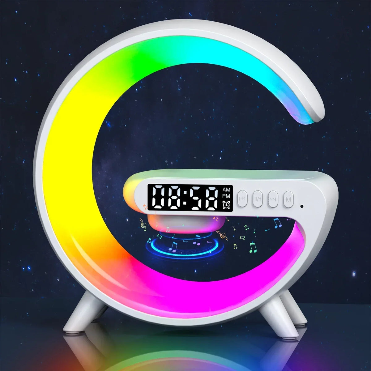 White Color Mini Wireless Charging Alarm Clock With RGB Speaker