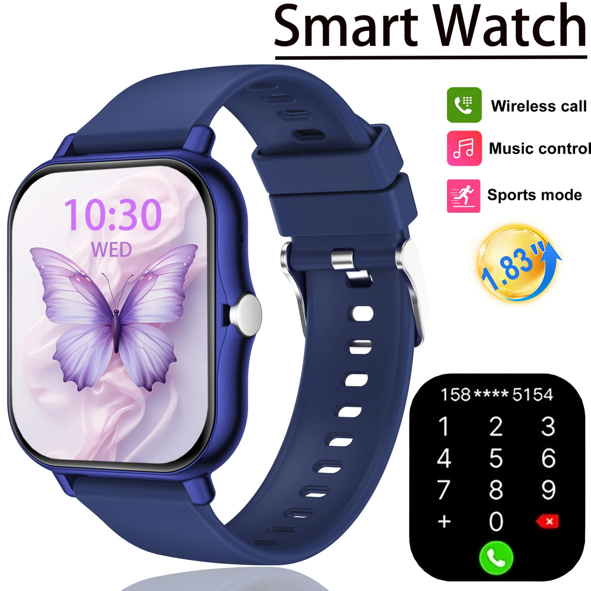 Blue Color 1.83" Full Touch Smartwatch With Call & Sleep Tracking