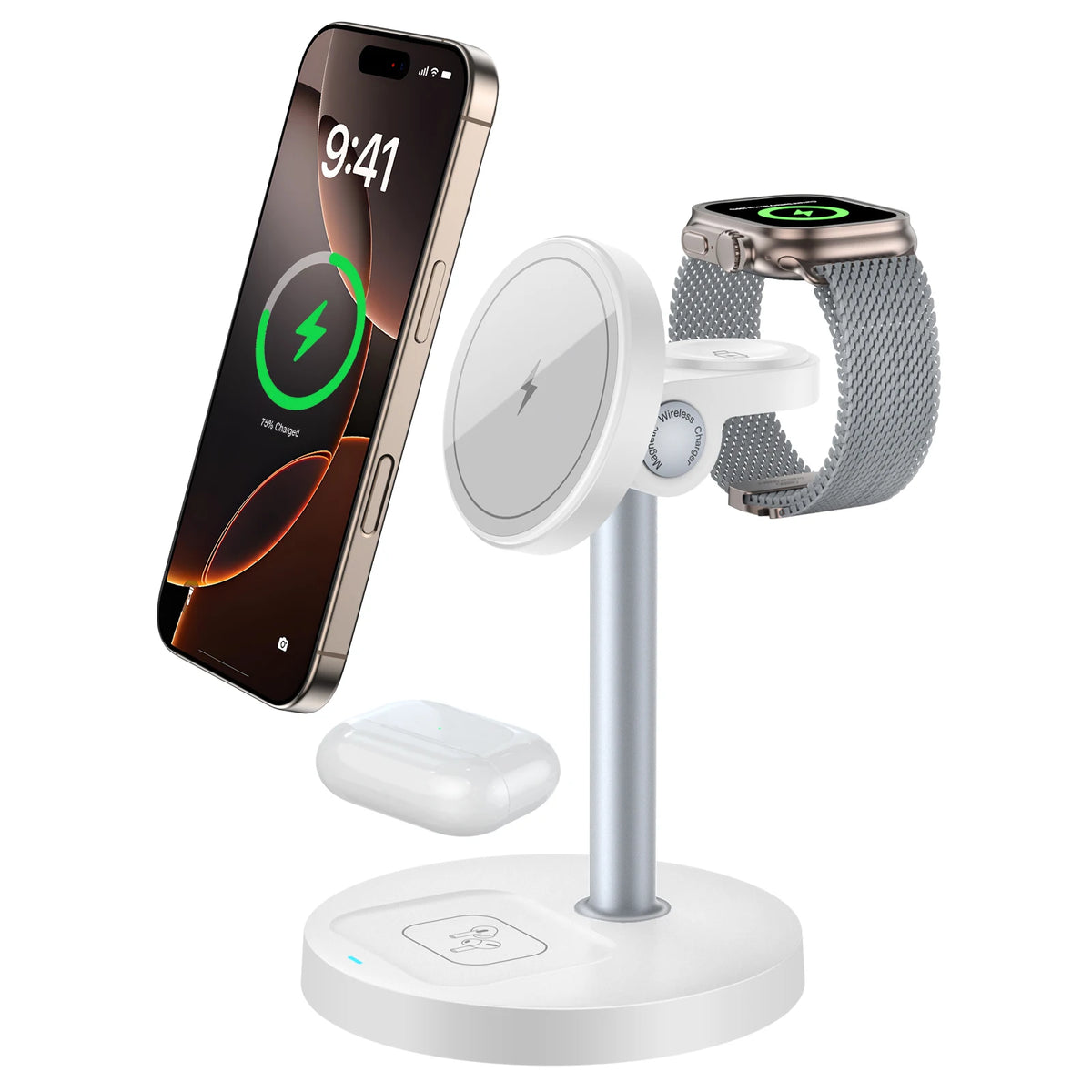 WHITE Color 3-in-1 Magnetic Wireless Charging Stand For Apple Devices