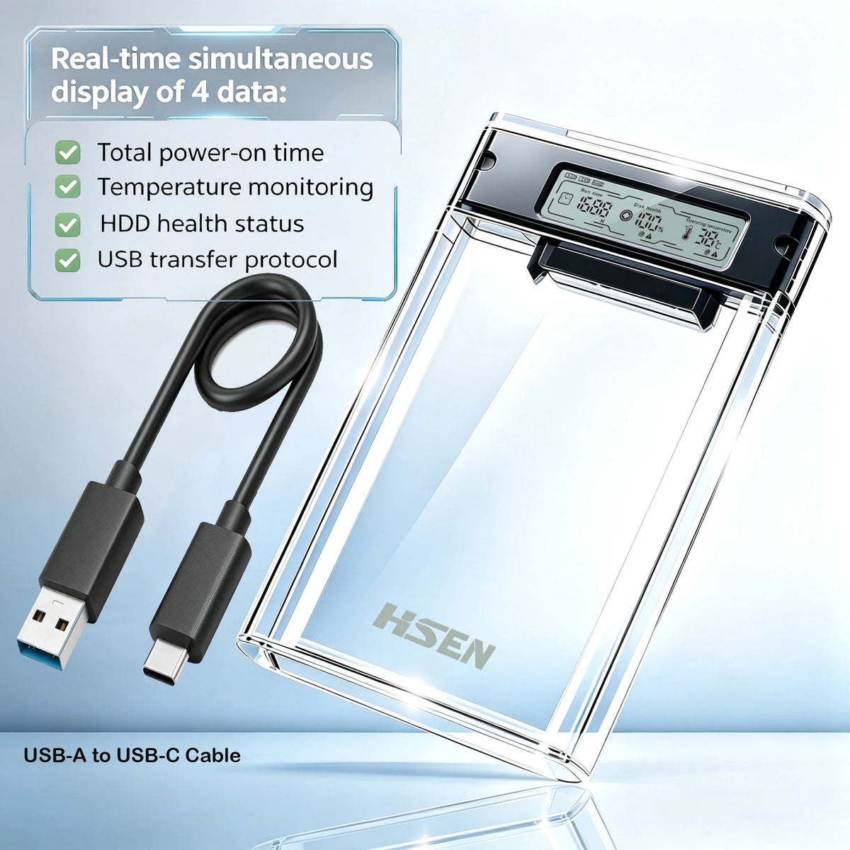 USB 3.0 2.5" HDD/SSD Enclosure Transparent SATA Hard Drive Case with Smart Display Real-Time Hard Disk Health Monitoring