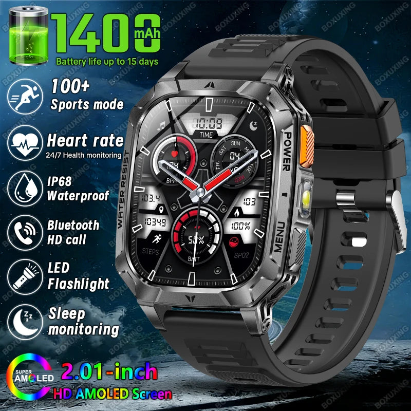 Black Color Military Outdoor Smartwatch 1400mAh – IP68, Flashlight, Calls