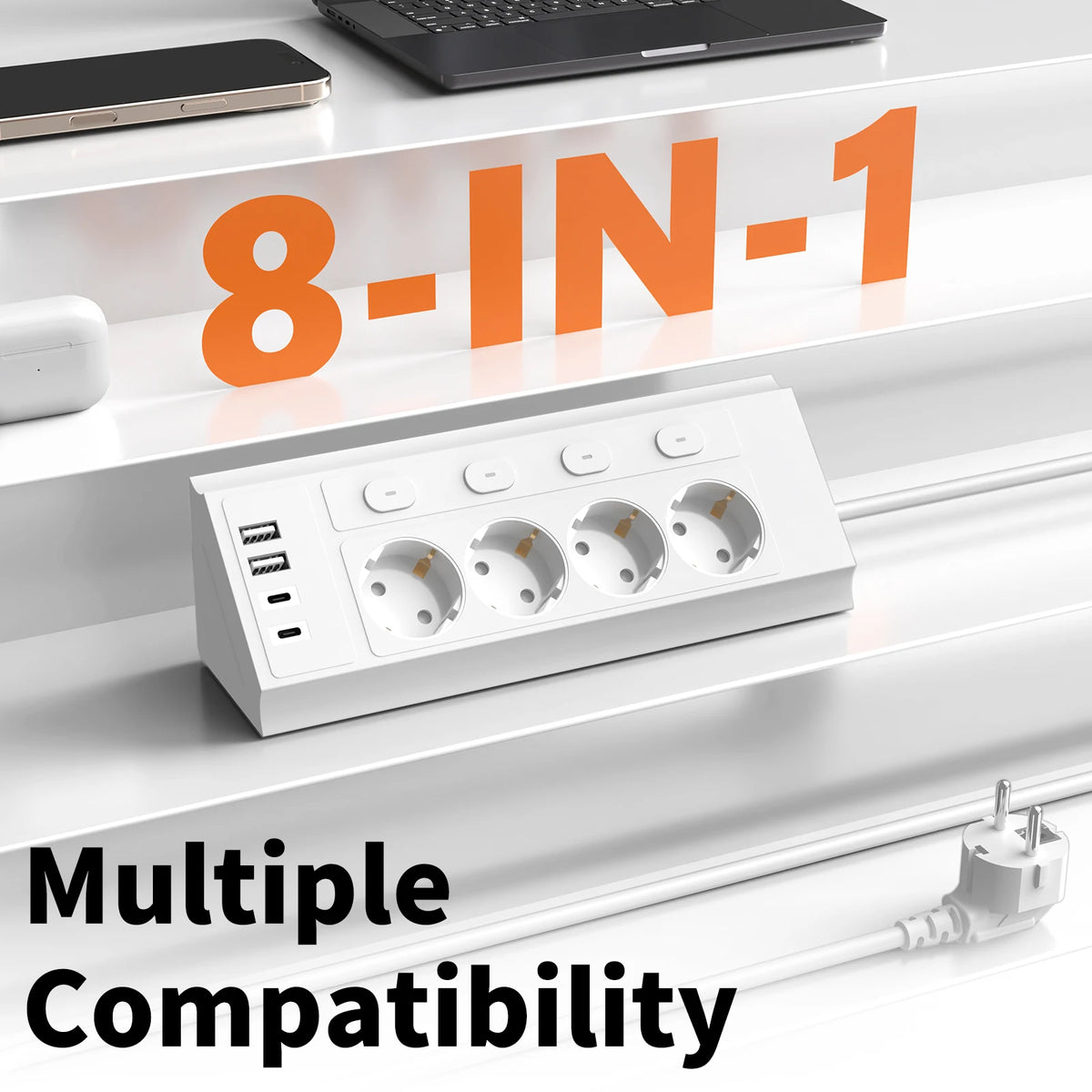 WHITE Color EU Corner Power Strip With Switches & 4 USB Ports