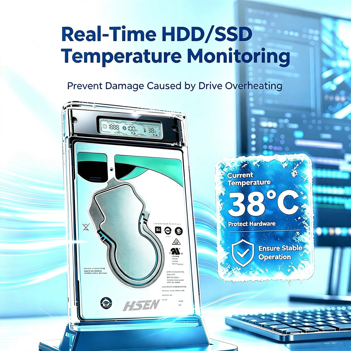 USB 3.0 2.5" HDD/SSD Enclosure Transparent SATA Hard Drive Case with Smart Display Real-Time Hard Disk Health Monitoring