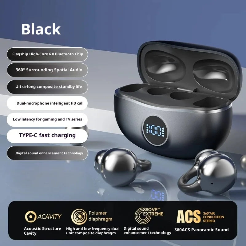 black Color Ear Clip Wireless Bluetooth Headphones With Mic HIFI