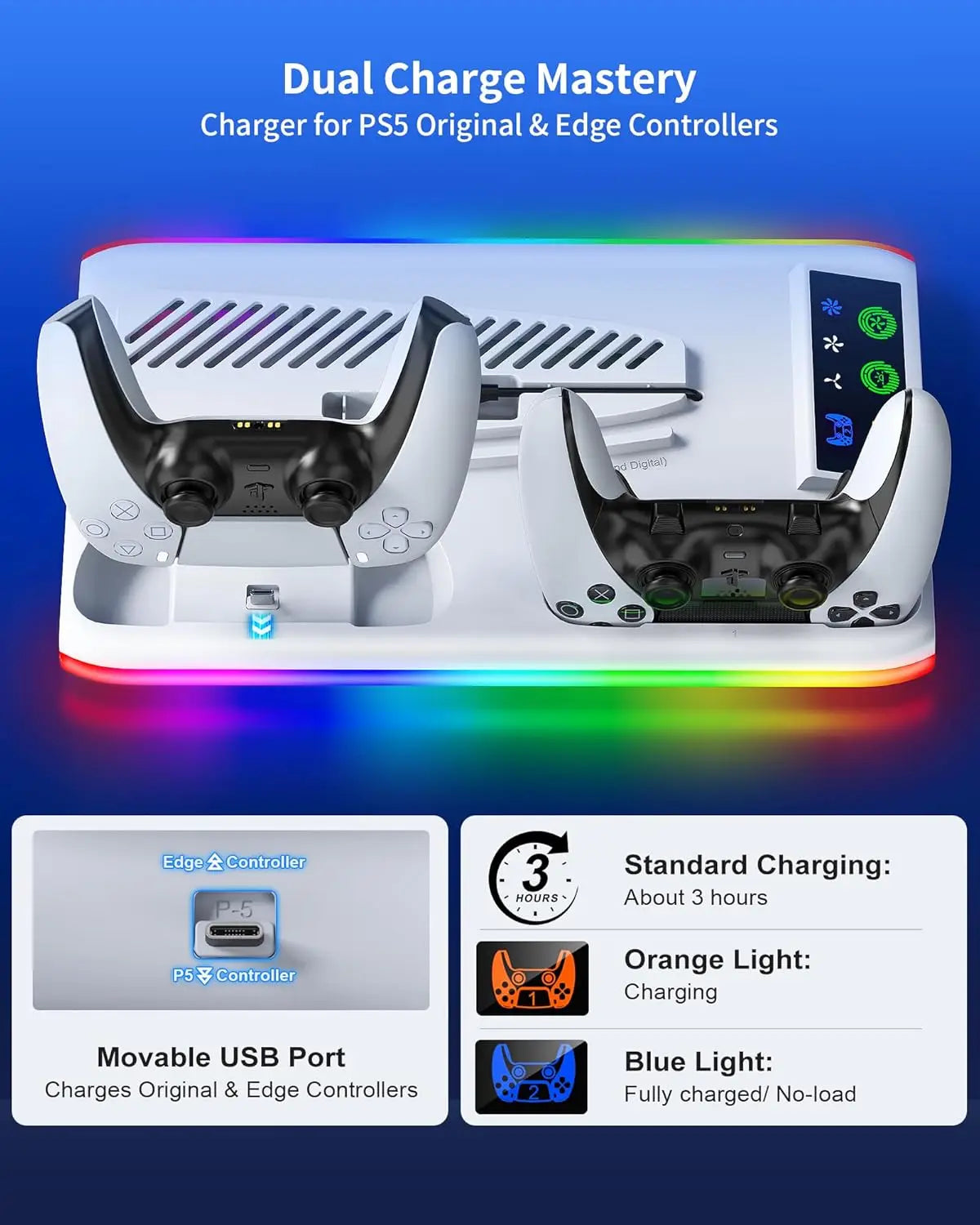 PS5 Cooling Stand With Dual Controller Dock & RGB Lights