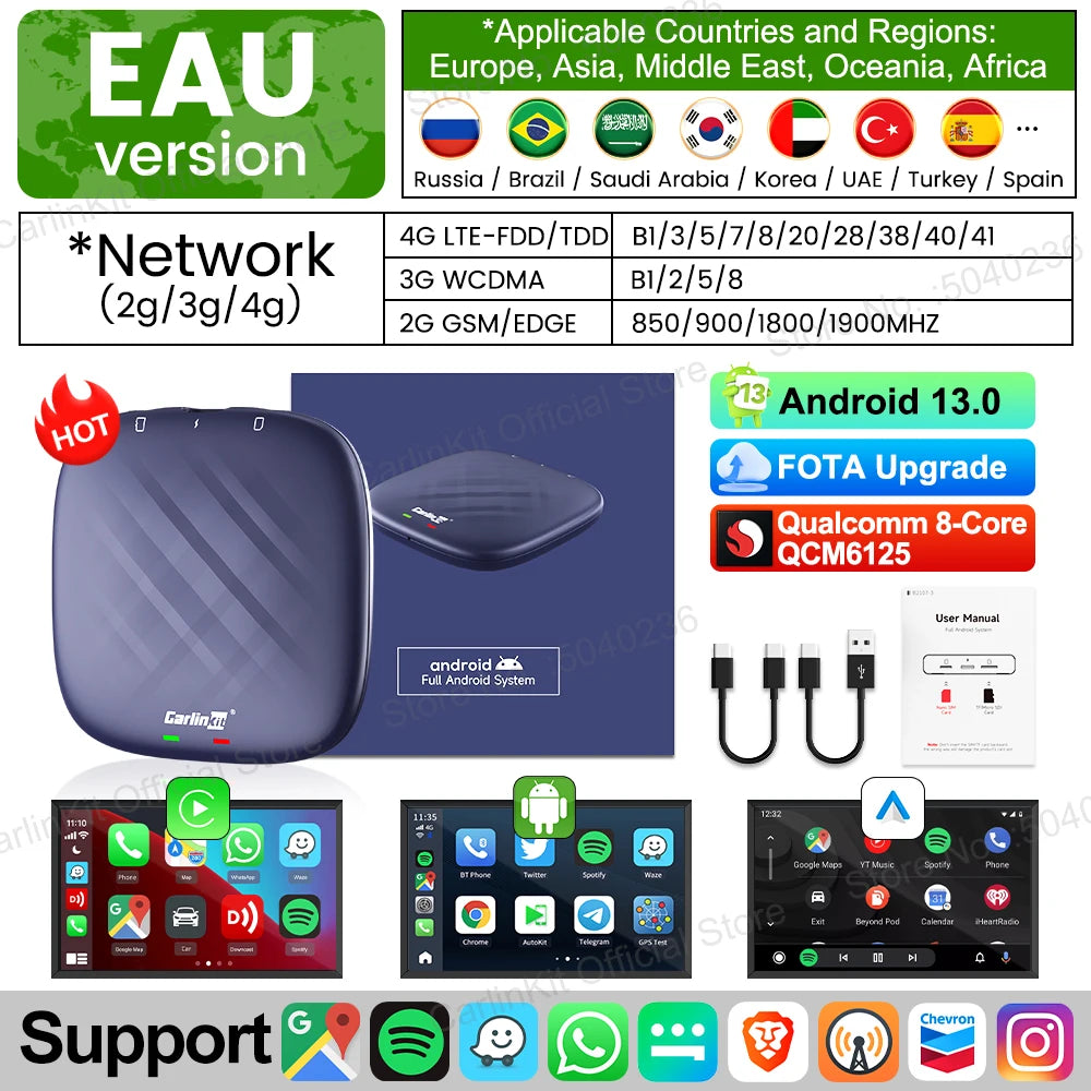 EAU QCM6125 Plus Color Android 13 CarPlay AI Box Adapter – 8-Core, Dual-Band WiFi