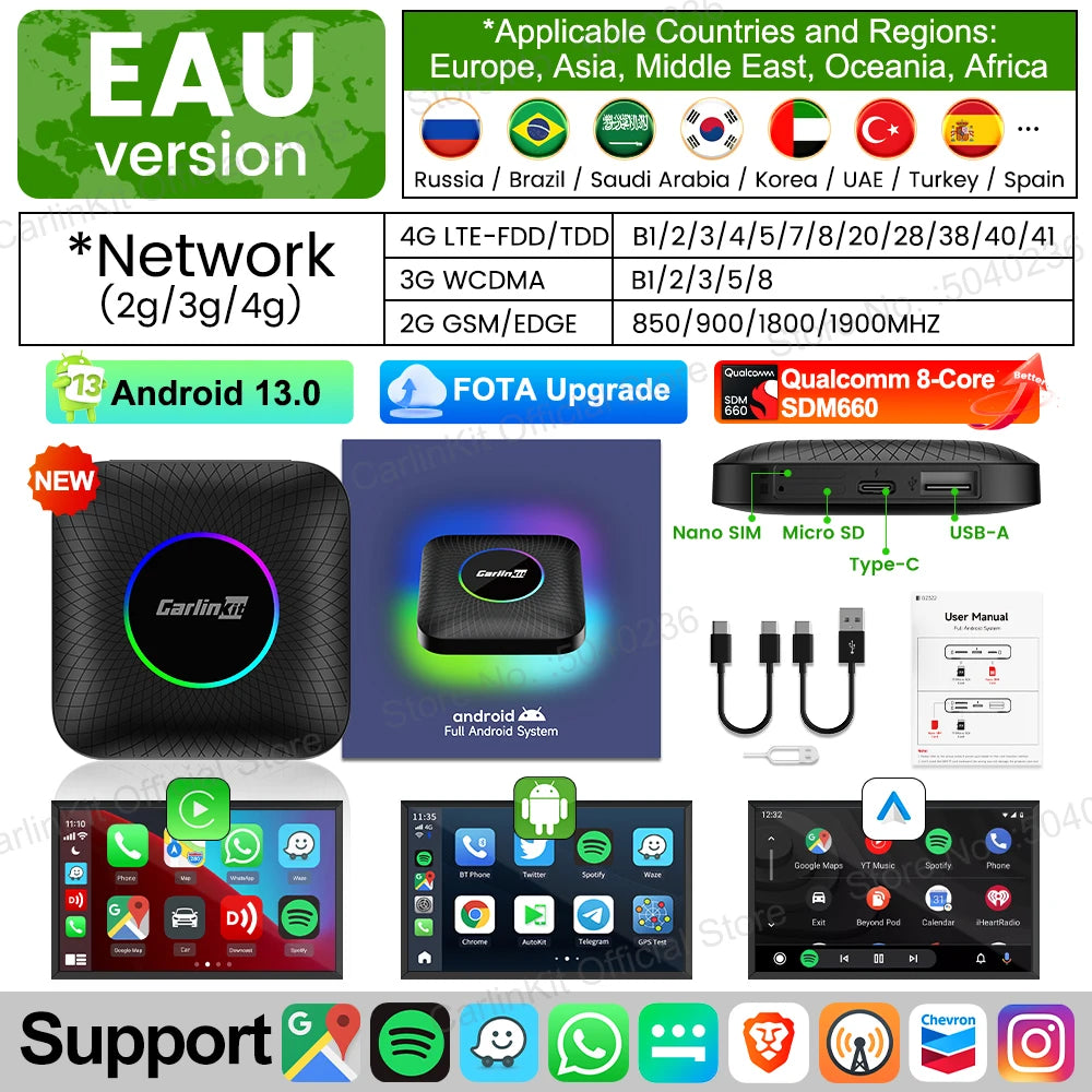 EAU SDM660 LED Color Android 13 CarPlay AI Box Adapter – 8-Core, Dual-Band WiFi