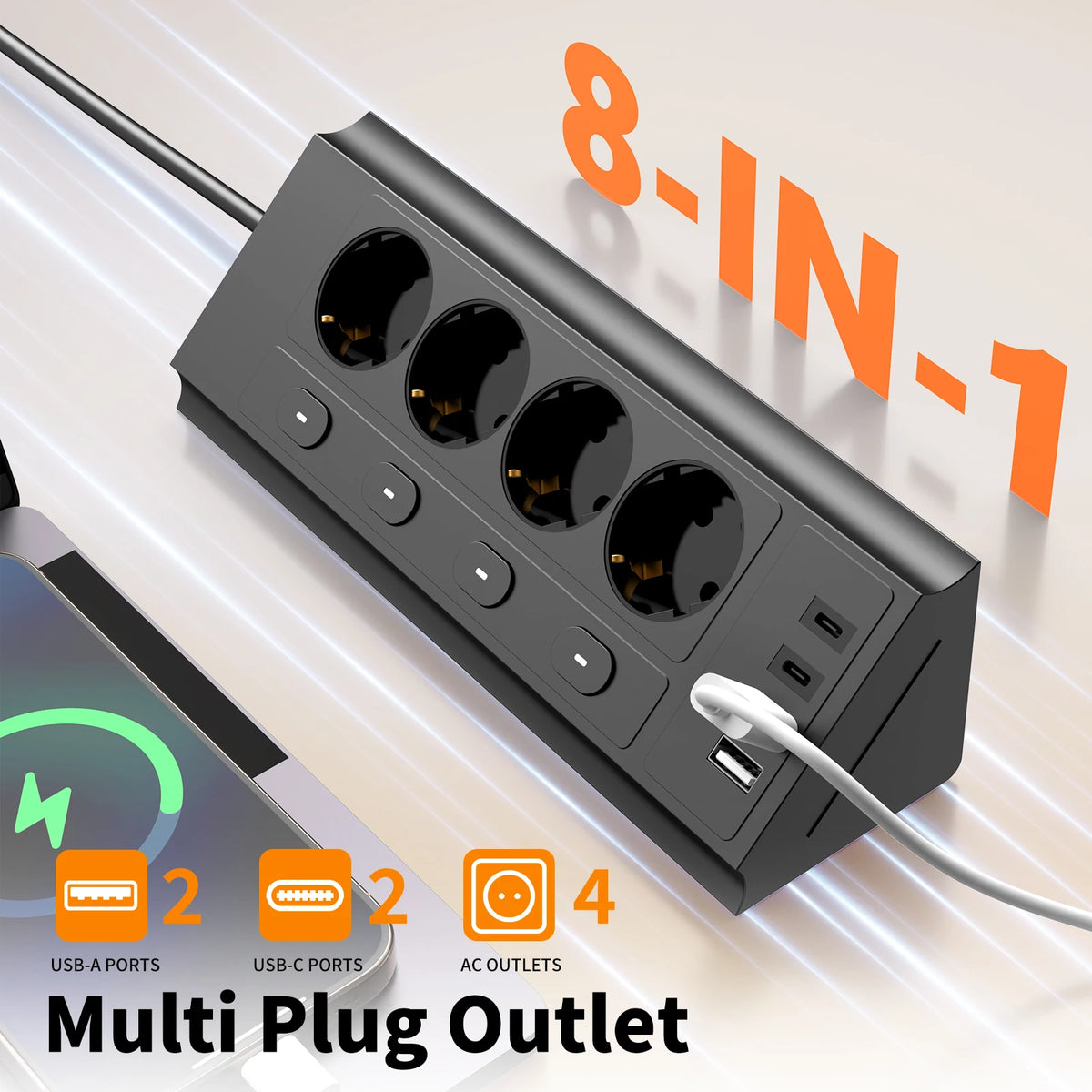 EU Corner Power Strip With Switches & 4 USB Ports