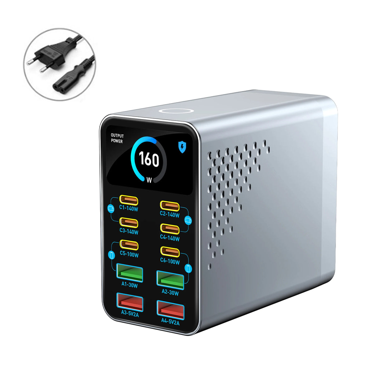 KR Plug Type 10‑Port GaN USB-C Desktop Charger – 140W PD Hub
