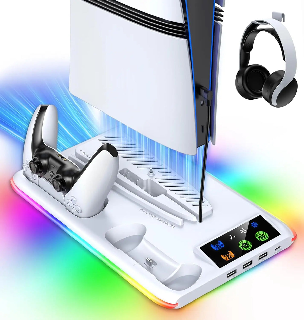 PS5 Cooling Stand With Dual Controller Dock & RGB Lights