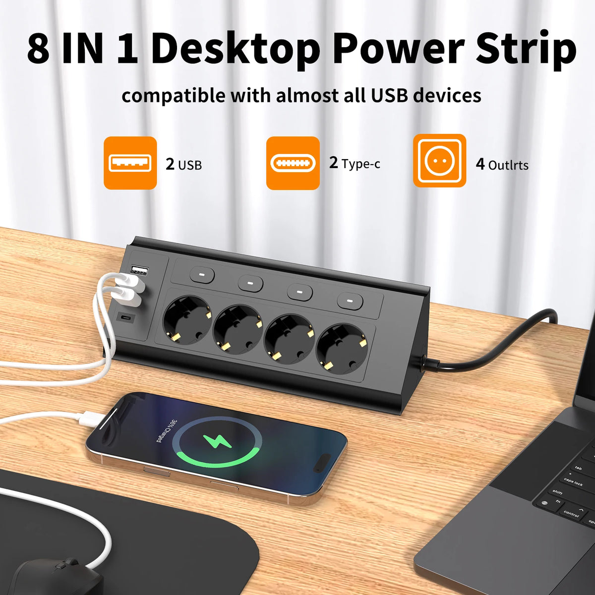 EU Corner Power Strip With Switches & 4 USB Ports