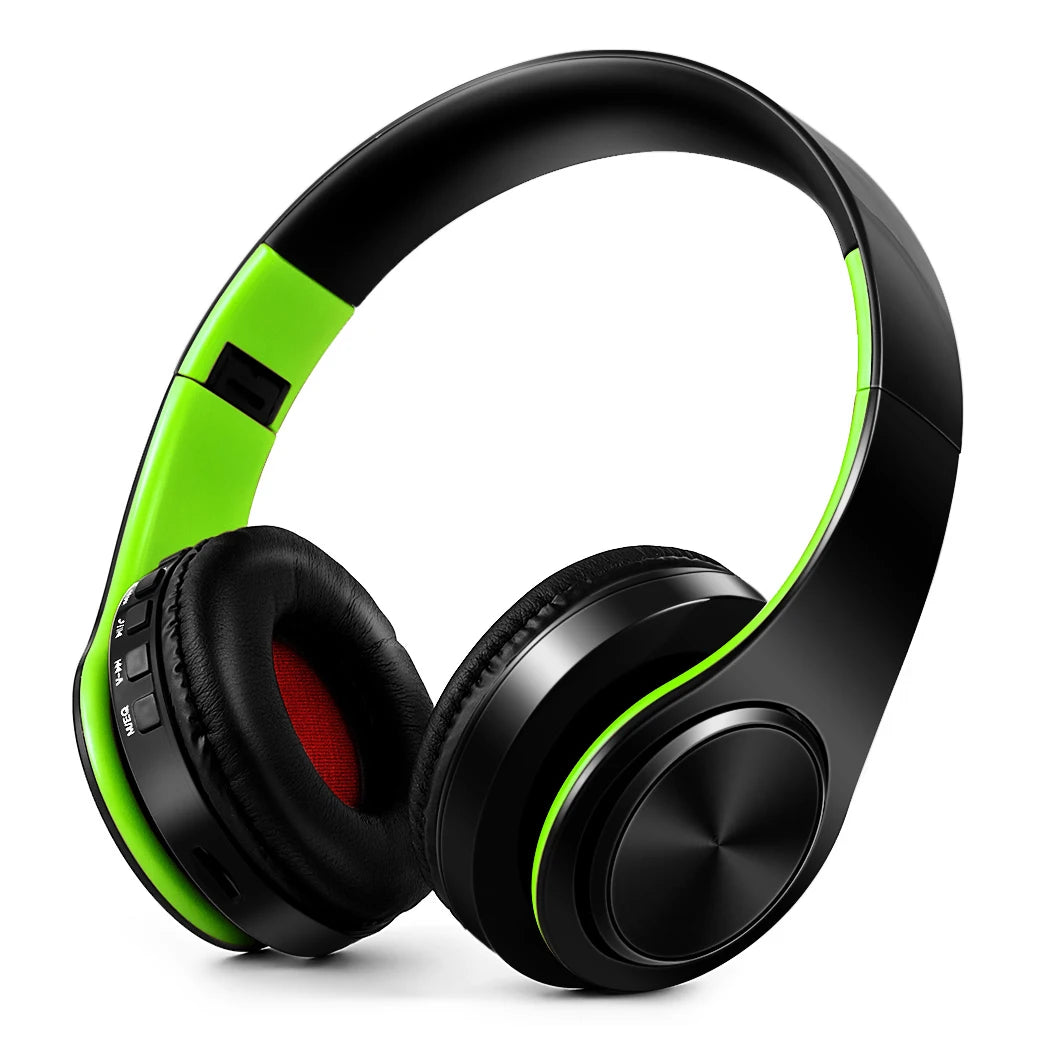 Black green Color Bluetooth Over-Ear Headphones With Mic, FM And TF Card