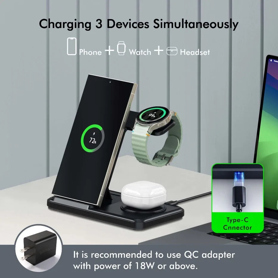 3-in-1 Foldable Wireless Charging Stand for Qi Devices
