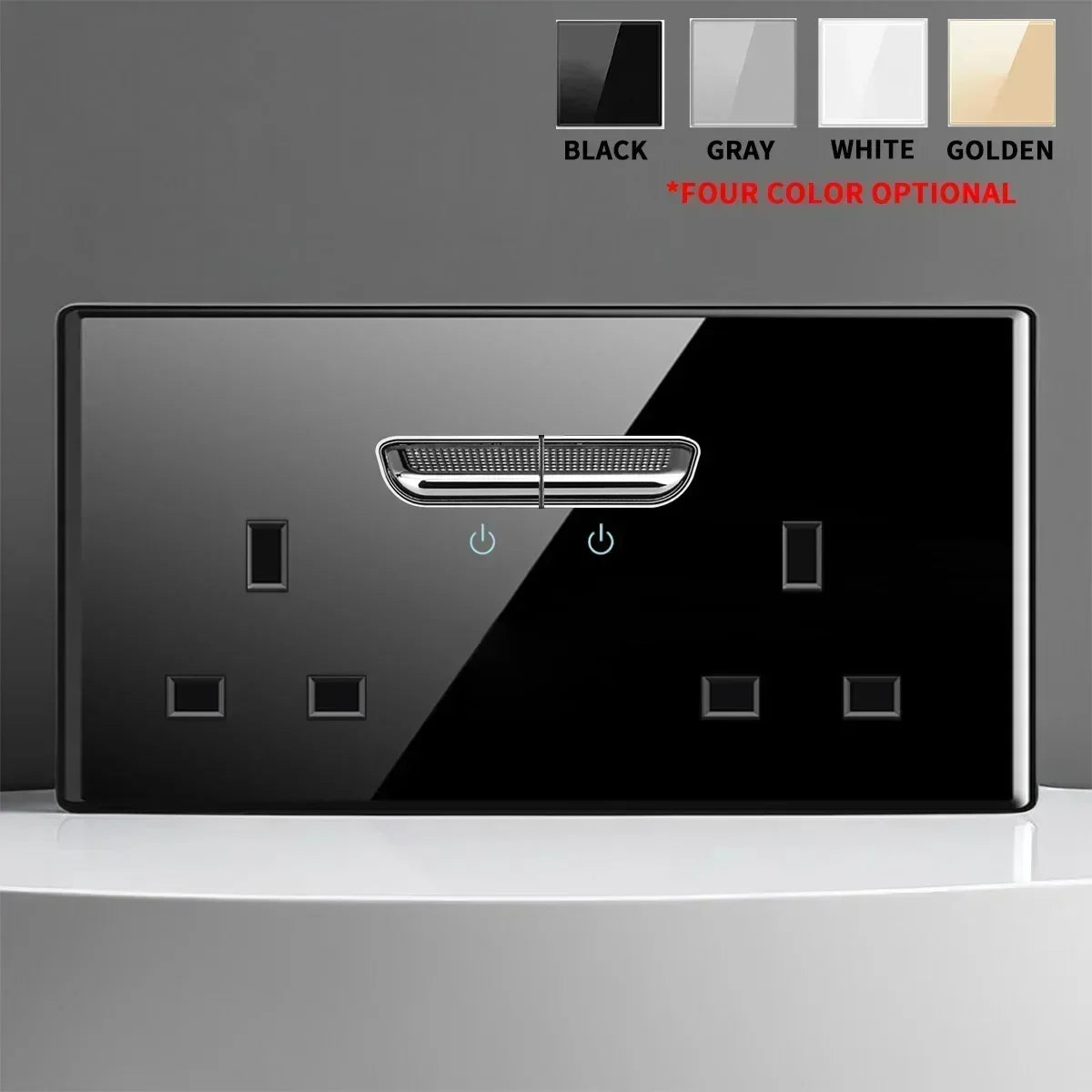 2Gang UK Color Tempered Glass Wall Switch Socket with Indicator Light