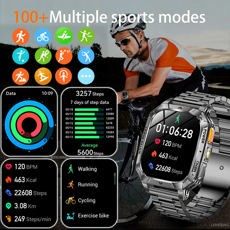 Military Outdoor Smartwatch 1400mAh – IP68, Flashlight, Calls