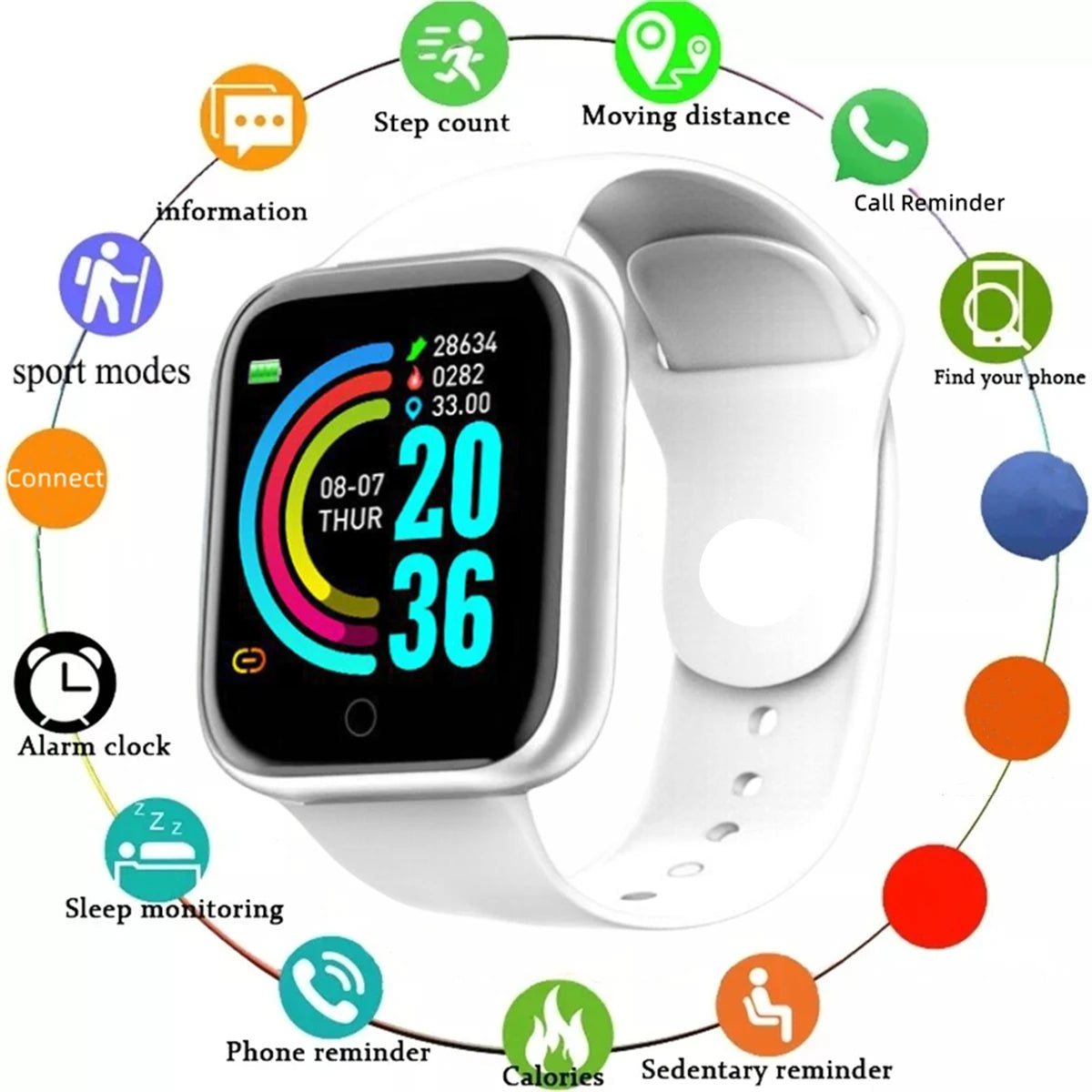 Y68 White Color Unisex Fitness Smart Watch – Heart Rate & Message Alerts