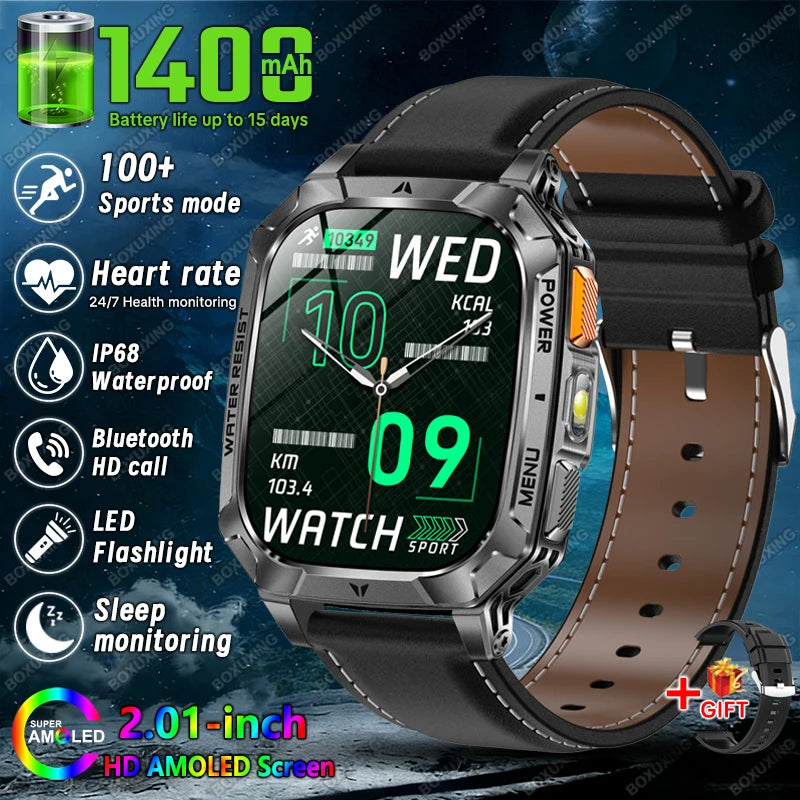 Black Leather Color Military Outdoor Smartwatch 1400mAh – IP68, Flashlight, Calls