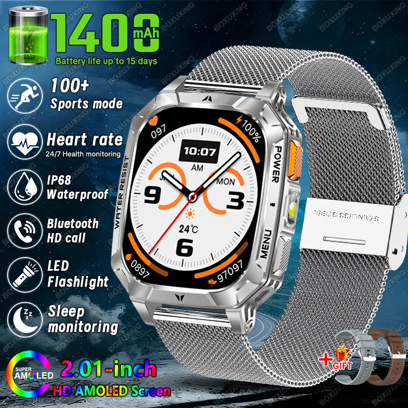 Silver Mesh Belt 1 Color Military Outdoor Smartwatch 1400mAh – IP68, Flashlight, Calls